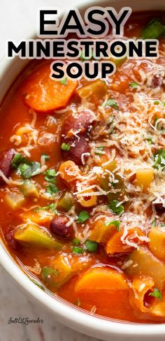 easy minestrone soup in a bowl with parmesan cheese and fresh herbs