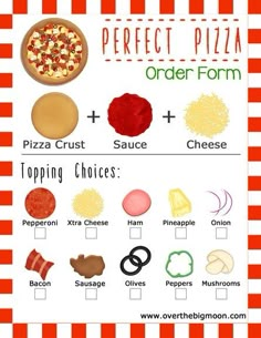 the perfect pizza order form is shown in red and white striped paper with different toppings