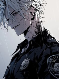 an anime character wearing a police uniform in the rain with his hair pulled back and eyes closed