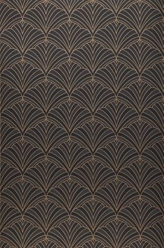 an art deco style wallpaper with black and gold fan pattern on it's side