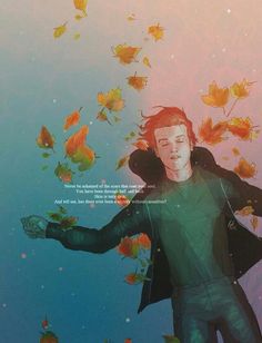 a man standing in the water with his arms out and falling leaves all around him