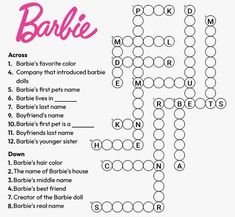 a crossword puzzle with the words barbie and names in pink on top of it