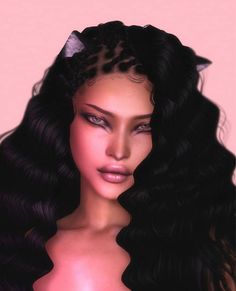 a digital painting of a woman with long black hair and cat ears on her head