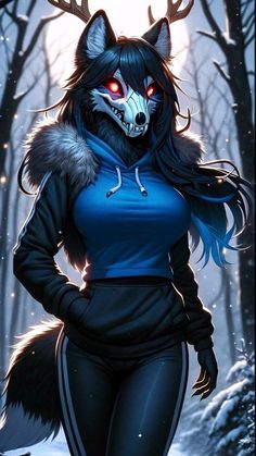 a woman in a blue hoodie with an animal mask on