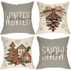 four pillows with winter decorations on them