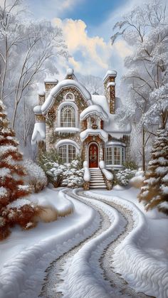 a painting of a house in the snow with stairs leading up to it's front door