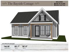 the bayside cottage plan is shown with measurements for the front porch and entry door