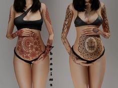 the woman has tattoos on her stomach and back