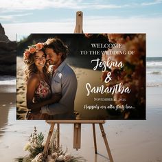 an easel with a wedding photo on it and the words welcome to the newly married couple