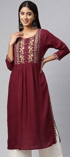 Red and Maroon color Kurti in Cotton fabric with Embroidered, Resham, Thread work Red Embroidered Border Dress For Diwali, Red Embroidered Dress For Diwali, Red Diwali Dress With Embroidered Border, Red Embroidered Diwali Dress, Red Resham Embroidery Kurta Maxi Length, Red Embroidered Cotton Kurta, Maroon Kurti Outfit, Maroon Kurta Woman, Maroon Embroidered Kurti