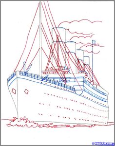 a drawing of a cruise ship on the water with red and blue lines in it