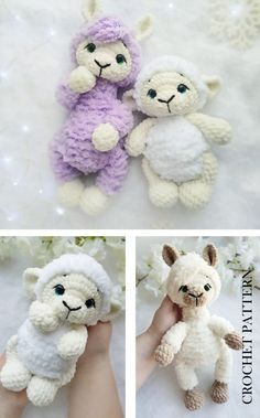 crocheted sheep and lambs are shown in three different pictures