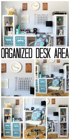 an organized desk area with several different pictures and text overlay that says organize your desk area