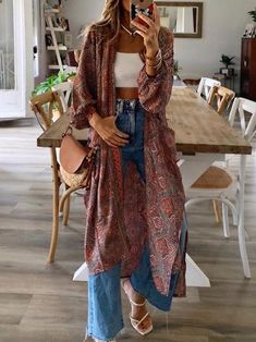 Look Kimono, Look Boho Chic, Mode Kimono, Women's Cardigans, Floral Print Kimono, Kimono Coat, Boho Cardigan, Estilo Boho Chic, Long Coat Women