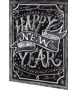 a black and white drawing of the words happy new year on a chalkboard background