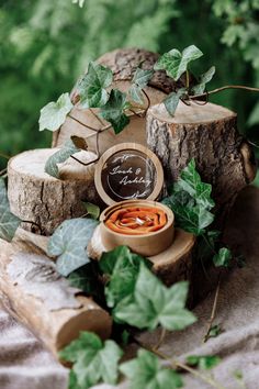 the wedding rings are on top of some tree stumps and ivy is growing around them