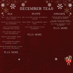 a menu for a christmas tea party with snowflakes