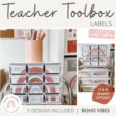 the teacher's toolbox labels are shown in pink and white, with different designs