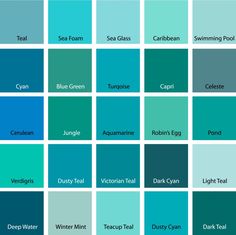 many shades of blue and green are shown in this color chart for the same room