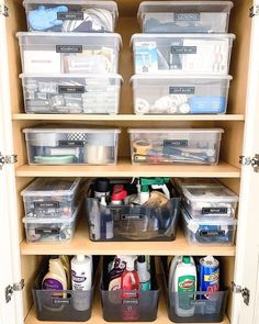 an organized pantry with plastic containers and other items