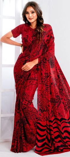 Red and Maroon color Saree in Crepe Silk fabric with Printed work Festive Red Blouse Piece With Printed Motifs, Red Saree With Printed Motifs In Traditional Drape, Red Saree With Printed Motifs For Wedding, Red Wedding Saree With Printed Motifs, Red Blouse Piece With Printed Motifs For Festivals, Unstitched Red Blouse Piece With Kalamkari Print, Bollywood Style Red Saree With Printed Motifs, Festive Red Kalamkari Print Blouse Piece, Festive Red Blouse With Kalamkari Print