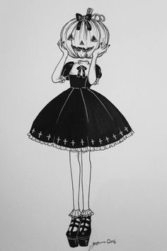 a black and white drawing of a girl in a dress with her hands behind her head