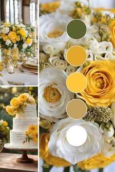 yellow and white flowers are arranged on the table