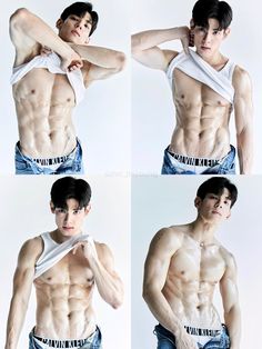 four pictures of a shirtless young man posing for the camera with his hands on his hips