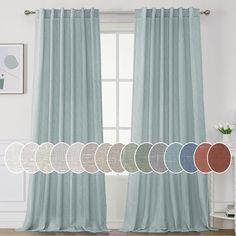 the curtains in this room have different colors and patterns on them, along with an assortment of circles