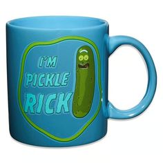 a blue coffee mug with a pickle in the middle that says i'm pickle rick