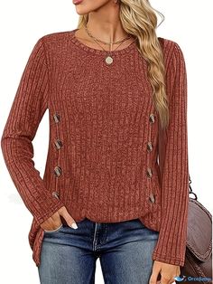 Orcajump - Ribbed Button Decor Crew Neck T-Shirt, Casual Long Sleeve Top For Spring & Fall, Women's Clothing Button Decor, Long Sleeve Tops Casual, Casual Fit, Chest Pad, Long Sleeve Top, Neck T Shirt, Long Sleeve Tops, Sleeve Top, Women's Clothing