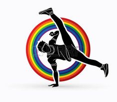 the silhouette of a man doing acrobatic yoga in front of a rainbow circle