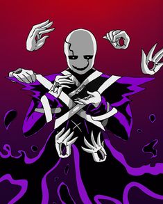 an image of a skeleton holding something in his hands with purple and black paint on it