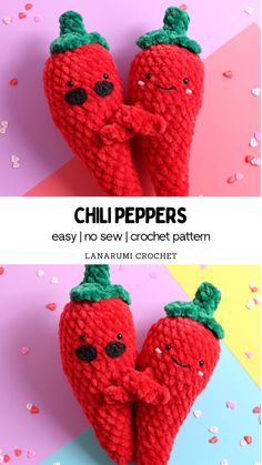 two crocheted chili peppers with faces on them