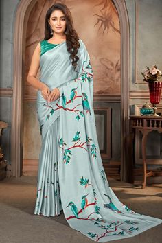 Buy Satin Floral Printed Saree in Light Grey Online Digital Print Saree Blouse Designs, Grey Satin Saree, Traditional Lehenga, Digital Print Saree, Designer Sarees Wedding, Style Kurti, Grey Saree, Fashion Sarees, Latest Indian Saree