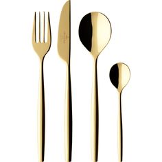 three forks, two spoons and one knife are shown with gold colored metalware