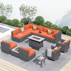 an outdoor living room with orange and gray furniture