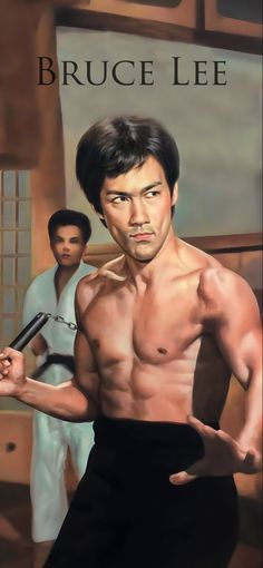 a painting of bruce lee holding a tennis racquet in front of two men