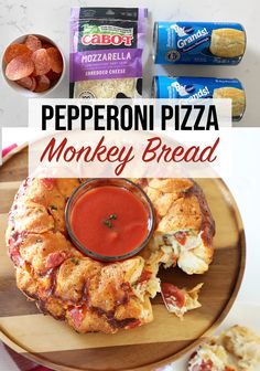 pepperoni pizza monkey bread on a wooden plate