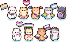 several different kinds of cats with hearts and rainbows