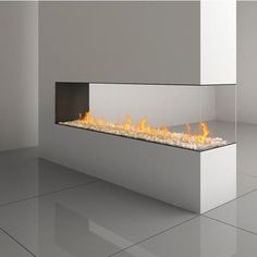 a modern fireplace in the middle of a room with tile flooring and white walls