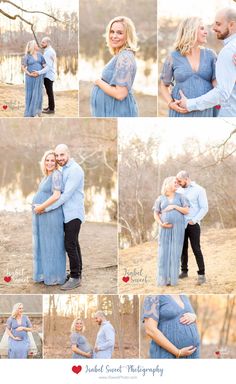 an image of a pregnant couple posing for pictures in the woods with their arms around each other