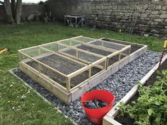 an outdoor garden area with plants and gravel