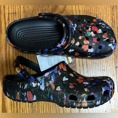 The Colorful Petals Of These Cheerful Flowers Brighten The Black Background Of These Clogs By Crocs. Comfort Is Built Into The Light, Durable Material, Contoured Footbed, Closed Toe And Its Pivoting Heel Straps Providing A Secure Fit Plus A Traction Rubber Outsole. Nwt Size 11 #Petfree #Smokefree Black Flat Heel Clogs For Summer, Black Flat Heel Clogs For Spring, Black Flat Clogs For Summer, Casual Black Clogs With Flat Heel, Black Summer Clogs, Black Flat Clogs With Cushioned Footbed, Casual Black Clogs With Removable Insole, Black Flat Clogs With Removable Insole, Black Synthetic Flat Clogs