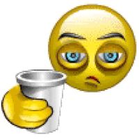 an emoticive smiley face holding a coffee cup