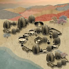 an artist's rendering of a desert town surrounded by cactus trees and other structures