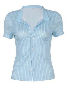 45918580375811|45918580408579|45918580441347 Casual Chique Stijl, Preppy Tops, Style Désinvolte Chic, Style Casual Chic, Casual Chique, Blue Striped Shirt, Striped Short Sleeve Shirt, Collars For Women, Puff Sleeve Top