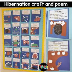 a bulletin board with paper cutouts and writing on it that says hibernation craft and poem