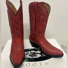 Never Worn, Brand New Retail Is $200 Red Leather Boots For Ranch, Classic Red Snip Toe Boots, Red Western Boots With Round Toe, Western Red Square Toe Boots, Red Western Boots With Square Toe, Red Leather Boots For Rodeo, Red Square Toe Western Boots, Red Snip Toe Boots For Western-themed Events, Red Snip Toe Boots With Reinforced Heel