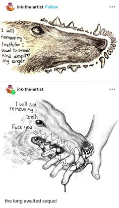 an animal with its mouth open next to another drawing